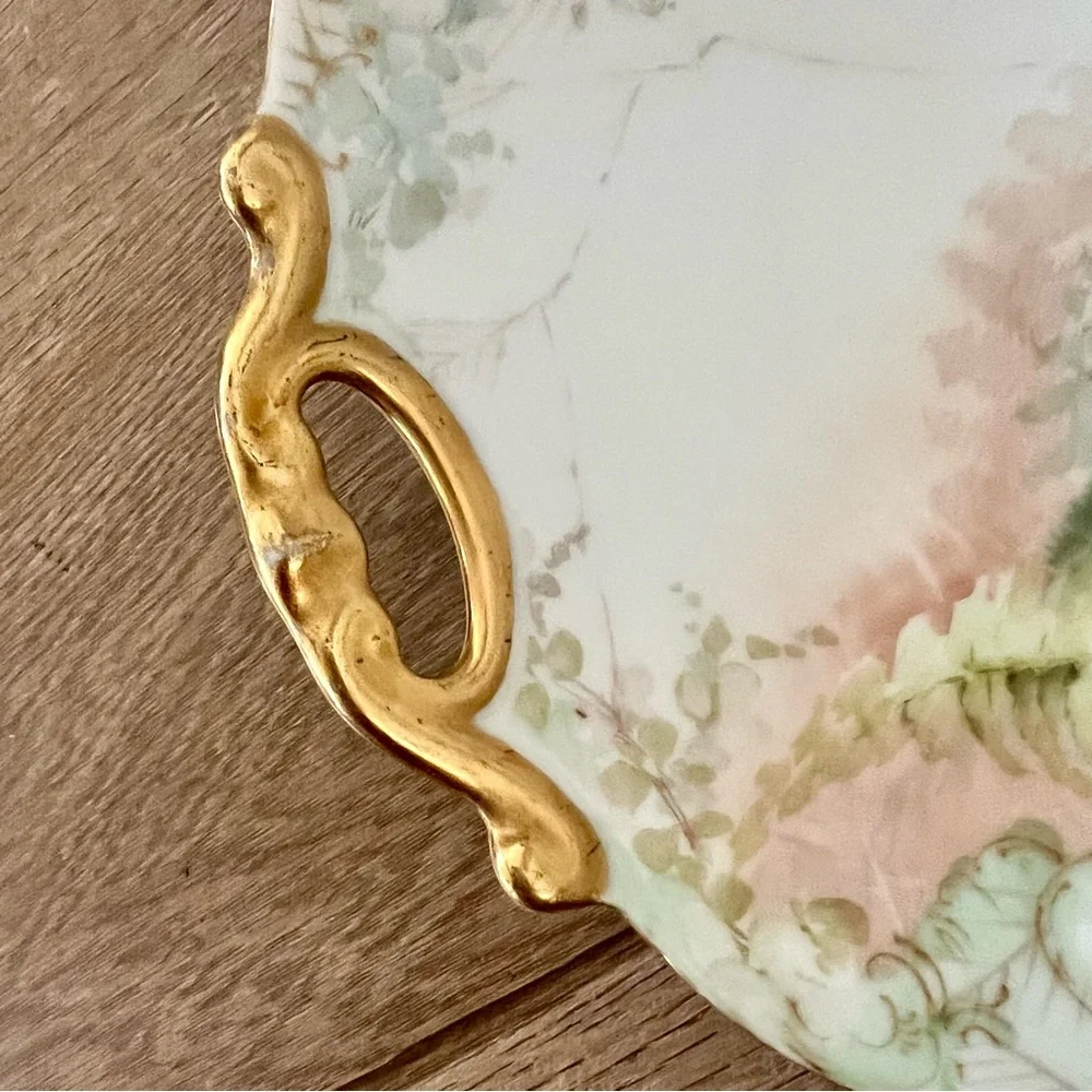 Antique 1891-1900 W.G. & Co. France‎ Hand Painted Leaf Flower Gold Handles Bowl